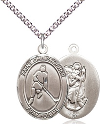 [7155SS/24SS] Sterling Silver Saint Christopher Ice Hockey Pendant on a 24 inch Sterling Silver Heavy Curb chain