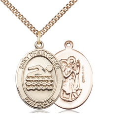 [7157GF/24GF] 14kt Gold Filled Saint Christopher Swimming Pendant on a 24 inch Gold Filled Heavy Curb chain