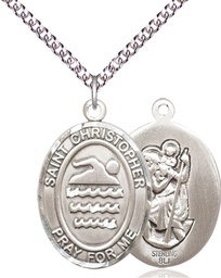 [7157SS/24SS] Sterling Silver Saint Christopher Swimming Pendant on a 24 inch Sterling Silver Heavy Curb chain