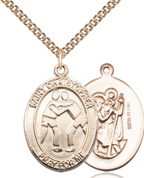 [7159GF/24GF] 14kt Gold Filled Saint Christopher Wrestling Pendant on a 24 inch Gold Filled Heavy Curb chain