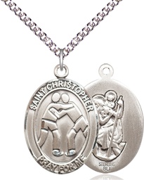 [7159SS/24SS] Sterling Silver Saint Christopher Wrestling Pendant on a 24 inch Sterling Silver Heavy Curb chain