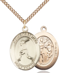 [7160GF/24GF] 14kt Gold Filled Saint Sebastian Baseball Pendant on a 24 inch Gold Filled Heavy Curb chain