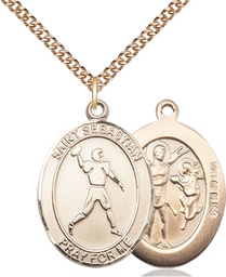 [7161GF/24GF] 14kt Gold Filled Saint Sebastian Football Pendant on a 24 inch Gold Filled Heavy Curb chain