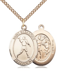 [7161GF/24GF] 14kt Gold Filled Saint Sebastian Football Pendant on a 24 inch Gold Filled Heavy Curb chain