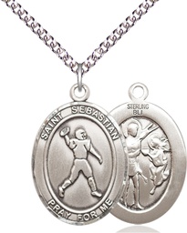 [7161SS/24SS] Sterling Silver Saint Sebastian Football Pendant on a 24 inch Sterling Silver Heavy Curb chain