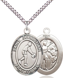 [7163SS/24SS] Sterling Silver Saint Sebastian Basketball Pendant on a 24 inch Sterling Silver Heavy Curb chain