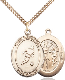 [7164GF/24GF] 14kt Gold Filled Saint Sebastian Soccer Pendant on a 24 inch Gold Filled Heavy Curb chain