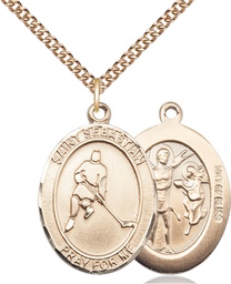 [7165GF/24GF] 14kt Gold Filled Saint Sebastian Ice Hockey Pendant on a 24 inch Gold Filled Heavy Curb chain