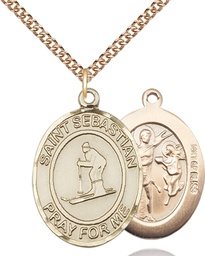 [7169GF/24GF] 14kt Gold Filled Saint Sebastian Skiing Pendant on a 24 inch Gold Filled Heavy Curb chain