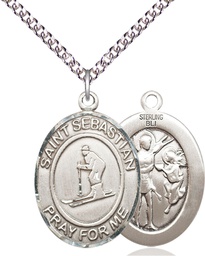 [7169SS/24SS] Sterling Silver Saint Sebastian Skiing Pendant on a 24 inch Sterling Silver Heavy Curb chain