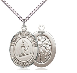 [7169SS/24SS] Sterling Silver Saint Sebastian Skiing Pendant on a 24 inch Sterling Silver Heavy Curb chain