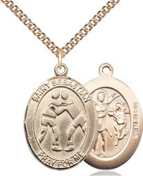 [7171GF/24GF] 14kt Gold Filled Saint Sebastian Wrestling Pendant on a 24 inch Gold Filled Heavy Curb chain