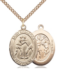 [7171GF/24GF] 14kt Gold Filled Saint Sebastian Wrestling Pendant on a 24 inch Gold Filled Heavy Curb chain