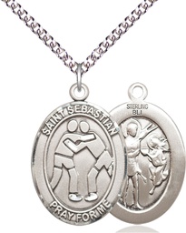 [7171SS/24SS] Sterling Silver Saint Sebastian Wrestling Pendant on a 24 inch Sterling Silver Heavy Curb chain