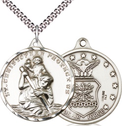[0203SS1/24S] Sterling Silver Saint Christopher Air Force Pendant on a 24 inch Light Rhodium Heavy Curb chain