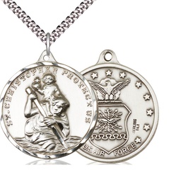 [0203SS1/24S] Sterling Silver Saint Christopher Air Force Pendant on a 24 inch Light Rhodium Heavy Curb chain