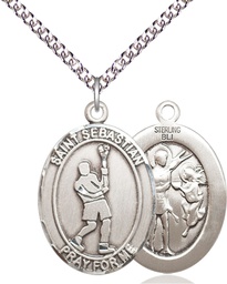 [7174SS/24SS] Sterling Silver Saint Sebastian Lacrosse Pendant on a 24 inch Sterling Silver Heavy Curb chain