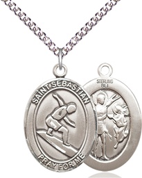 [7175SS/24SS] Sterling Silver Saint Sebastian Surfing Pendant on a 24 inch Sterling Silver Heavy Curb chain