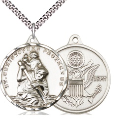 [0203SS2/24S] Sterling Silver Saint Christopher Army Pendant on a 24 inch Light Rhodium Heavy Curb chain