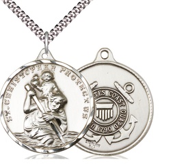 [0203SS3/24S] Sterling Silver Saint Christopher Coast Guard Pendant on a 24 inch Light Rhodium Heavy Curb chain