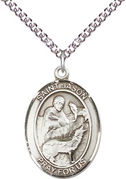 [7051SS/24SS] Sterling Silver Saint Jason Pendant on a 24 inch Sterling Silver Heavy Curb chain