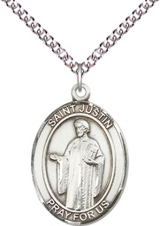 [7052SS/24SS] Sterling Silver Saint Justin Pendant on a 24 inch Sterling Silver Heavy Curb chain