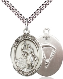 [7053SS7/24S] Sterling Silver Saint Joan of Arc Paratrooper Pendant on a 24 inch Light Rhodium Heavy Curb chain