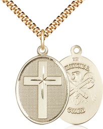 [0783GF5/24G] 14kt Gold Filled Cross National Guard Pendant on a 24 inch Gold Plate Heavy Curb chain