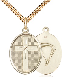 [0783GF7/24G] 14kt Gold Filled Cross Paratrooper Pendant on a 24 inch Gold Plate Heavy Curb chain