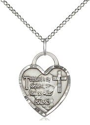 [3211SS/18SS] Sterling Silver Lord Is My Shepherd Heart Pendant on a 18 inch Sterling Silver Light Curb chain