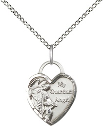 [3402SS/18SS] Sterling Silver Guardian Angel Heart Pendant on a 18 inch Sterling Silver Light Curb chain
